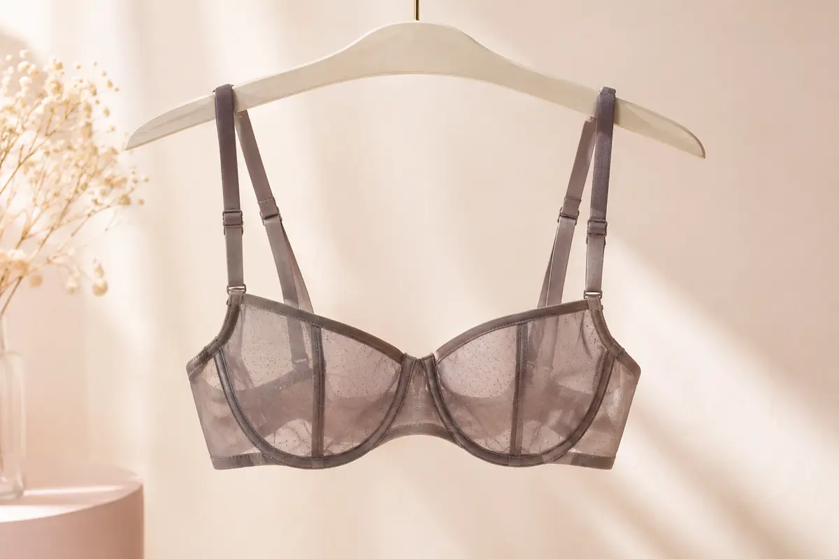 Soutien-gorge balconnet en maille fine présenté seul dans un décor lumineux aux tons ivoire.