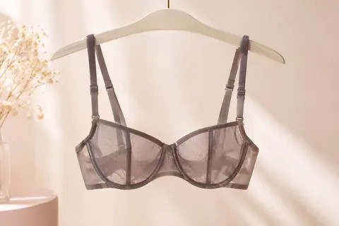 Soutien-gorge balconnet en maille fine présenté seul dans un décor lumineux aux tons ivoire.