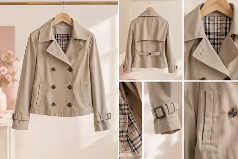 Trench court ample pour femme, avec col classique, boutonnage devant et doublure à carreaux.