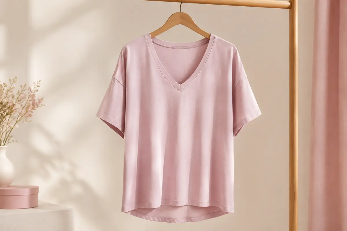 T-shirt oversize femme à col V et manches courtes, présenté seul sur un cintre dans un décor clair.