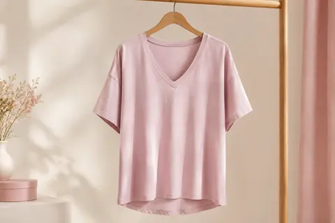 T-shirt oversize femme à col V et manches courtes, présenté seul sur un cintre dans un décor clair.