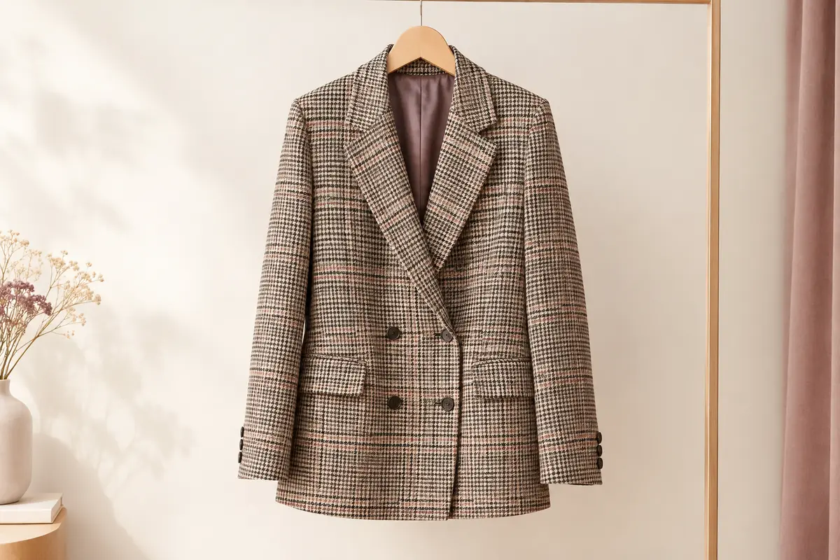 Blazer femme ebossy à motif pied-de-poule, double boutonnage, revers crantés et poches à rabat