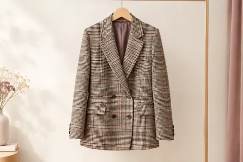 Blazer femme ebossy à motif pied-de-poule, double boutonnage, revers crantés et poches à rabat