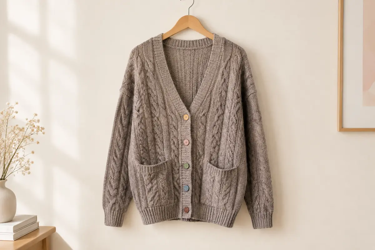 Cardigan femme ample en maille torsadée, avec col en V, boutons multicolores et deux poches latérales