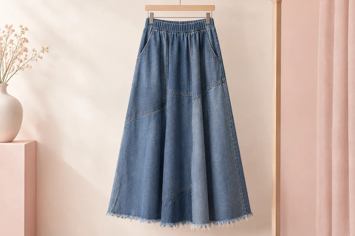 Jupe longue ebossy en denim ample, avec coutures patchwork et bord brut à franges