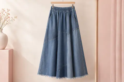 Jupe longue ebossy en denim ample, avec coutures patchwork et bord brut à franges