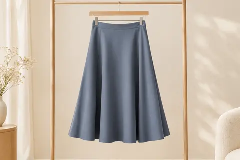Jupe midi évasée présentée seule sur un cintre dans un décor lumineux aux tons ivoire.