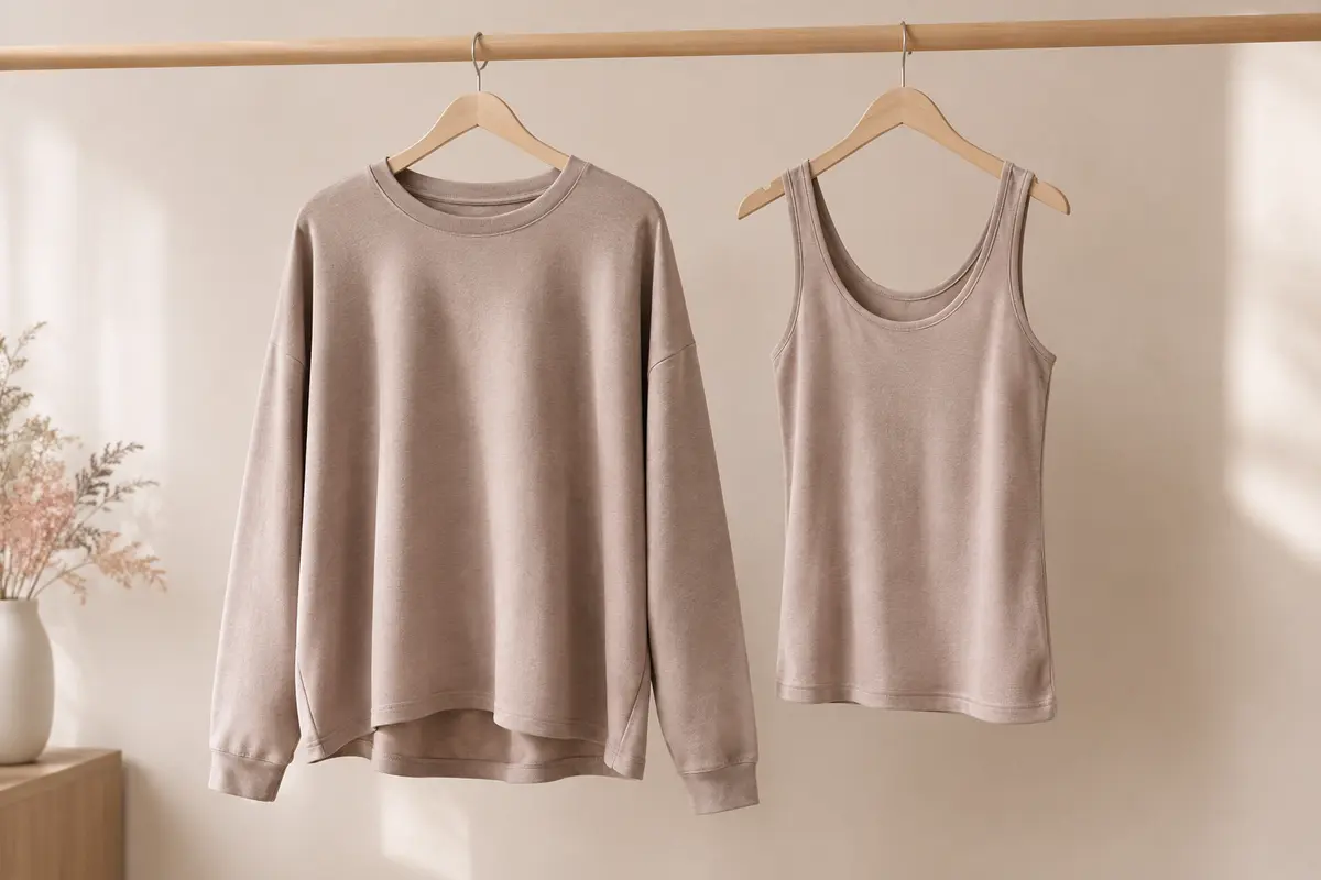 Pull femme oversize à manches longues et débardeur assorti présentés ensemble sur des cintres