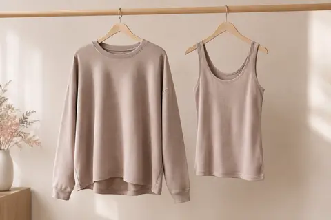Pull femme oversize à manches longues et débardeur assorti présentés ensemble sur des cintres