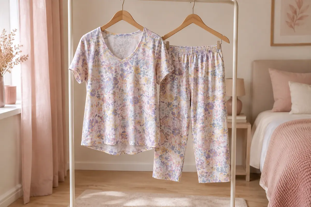 Ensemble de pyjama imprimé avec haut à manches courtes et pantalon capri présenté sur cintres
