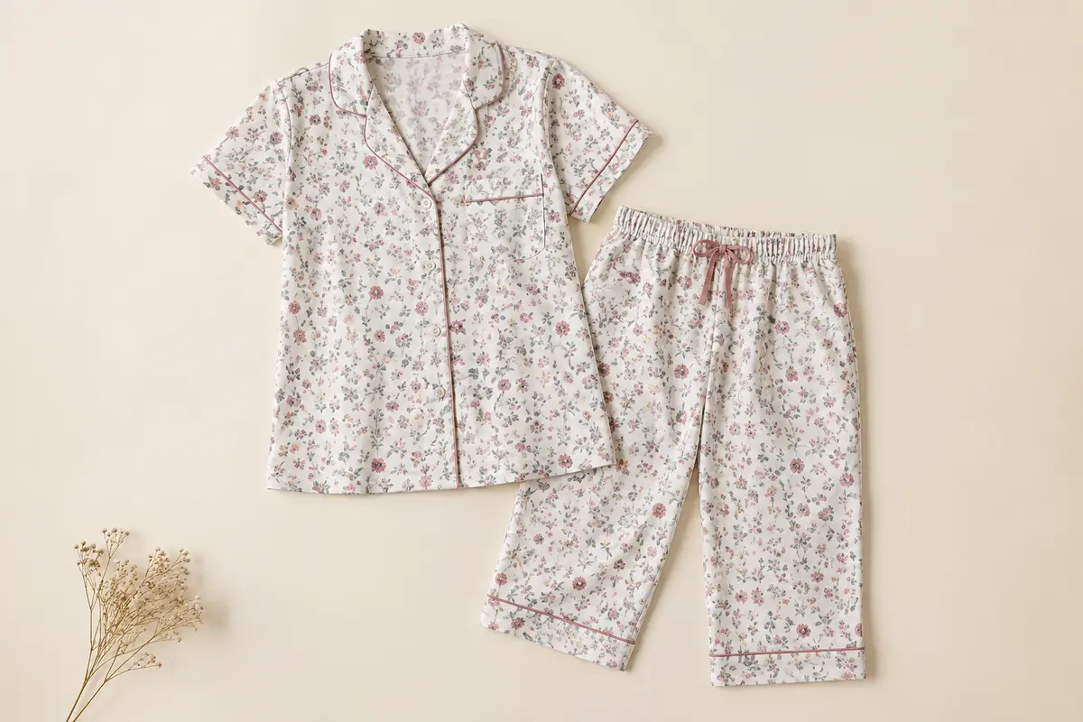 Ensemble pyjama féminin à haut manches courtes et pantalon trois quarts, posé à plat sur fond ivoire.