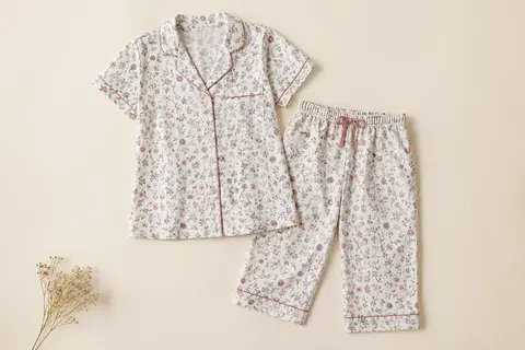 Ensemble pyjama féminin à haut manches courtes et pantalon trois quarts, posé à plat sur fond ivoire.