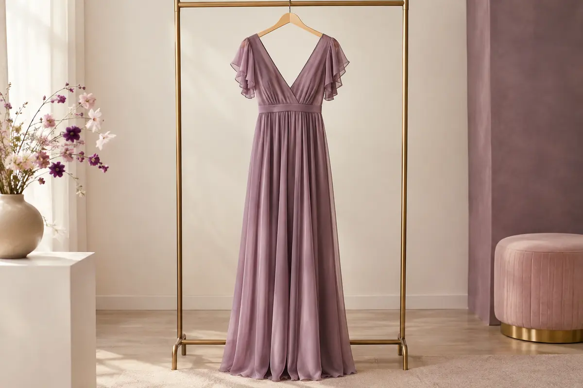 Robe longue de soirée en mousseline avec décolleté en V, manches courtes à volants et taille empire