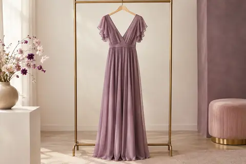 Robe longue de soirée en mousseline avec décolleté en V, manches courtes à volants et taille empire
