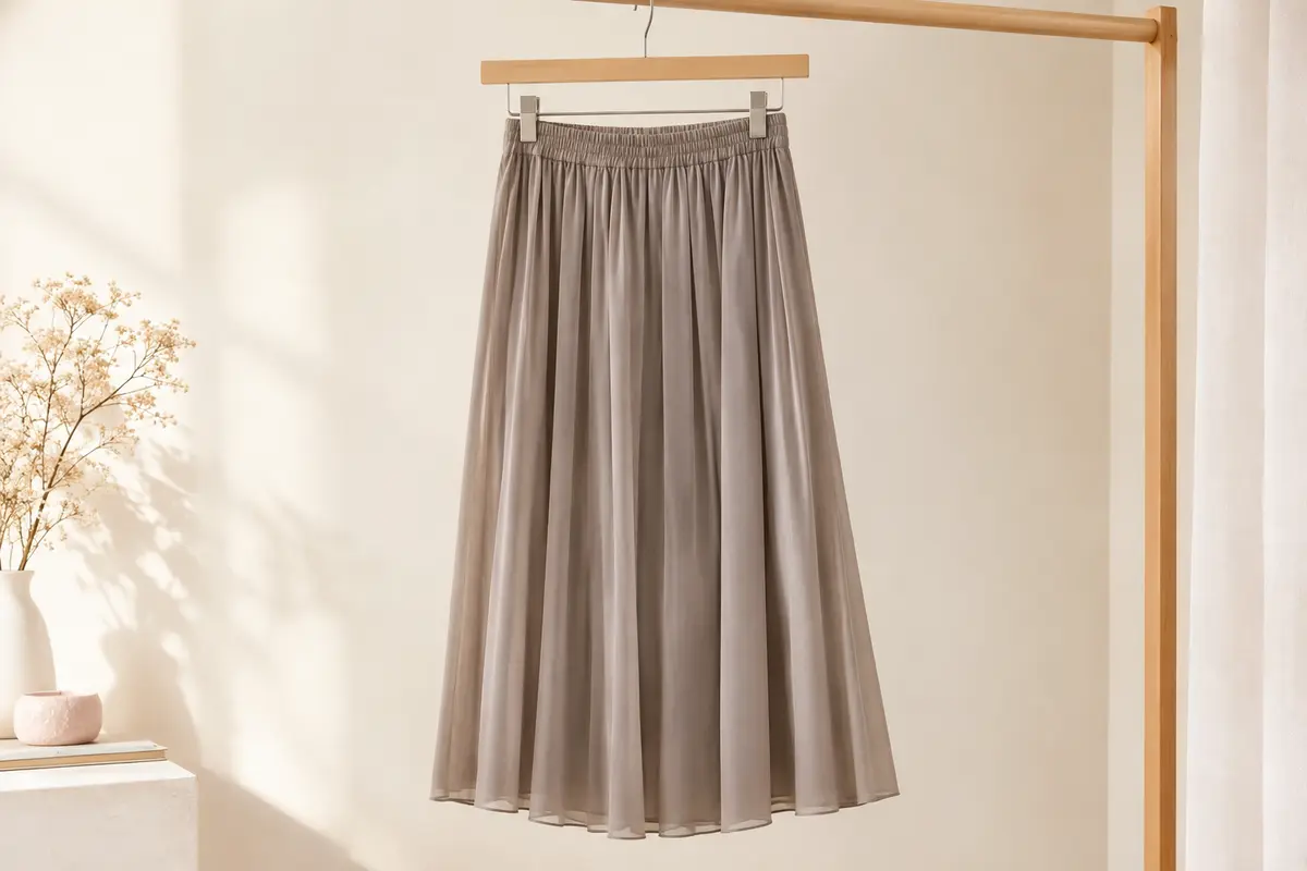 Jupe midi unie EXCHIC à taille élastique et coupe évasée, présentée seule sur un cintre.