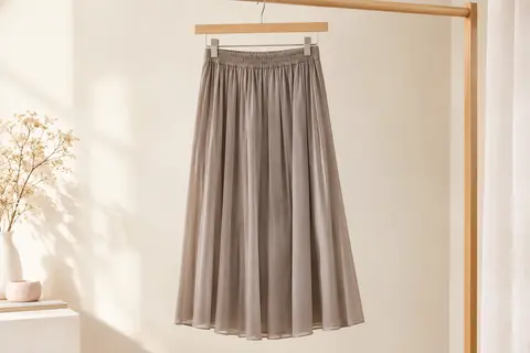 Jupe midi unie EXCHIC à taille élastique et coupe évasée, présentée seule sur un cintre.