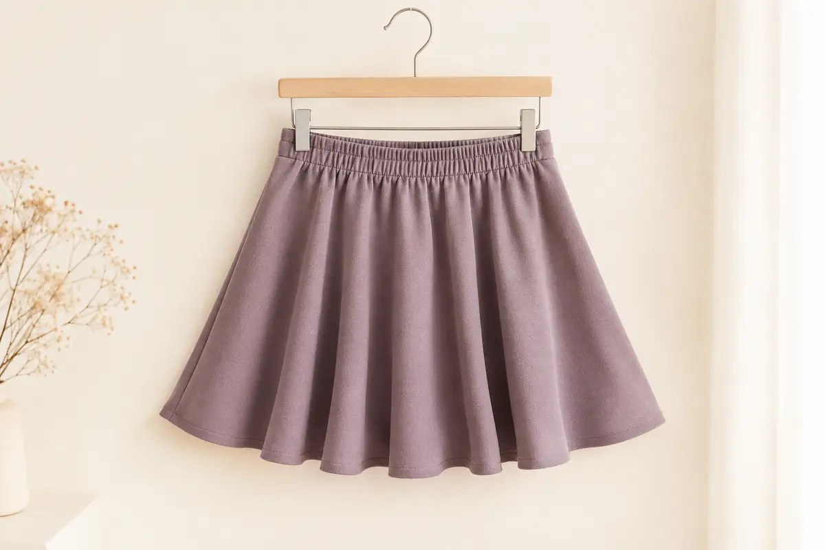 Mini-jupe évasée à taille élastique présentée seule sur un fond ivoire lumineux.