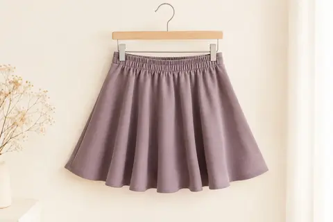 Mini-jupe évasée à taille élastique présentée seule sur un fond ivoire lumineux.