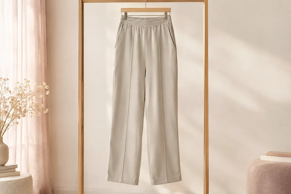 Pantalon droit pour femme à taille élastique, poches latérales et coutures frontales présenté seul