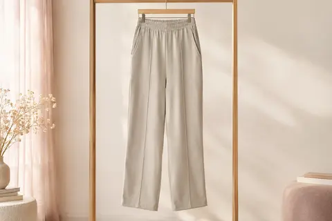 Pantalon droit pour femme à taille élastique, poches latérales et coutures frontales présenté seul