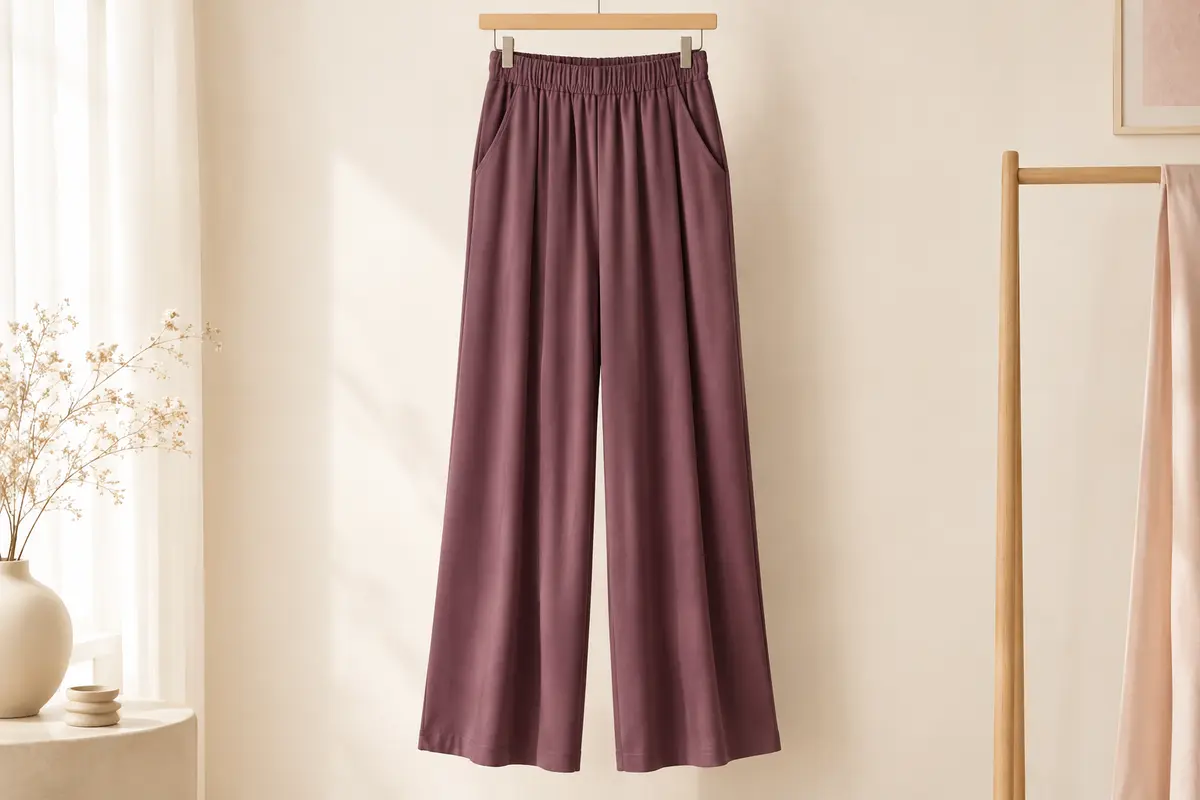 Pantalon palazzo uni à taille haute élastiquée, avec jambes amples et poches latérales