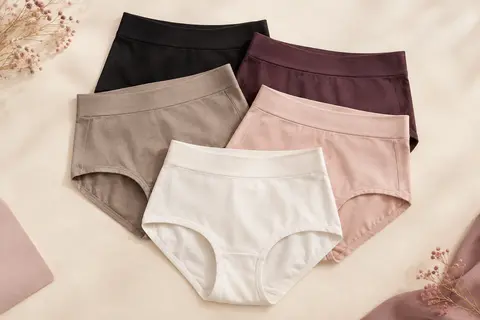 Lot de cinq culottes femme taille haute présenté à plat sur un fond ivoire doux et lumineux.