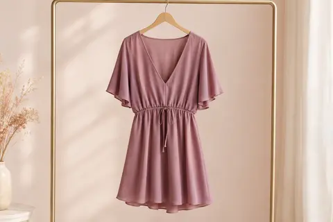 Robe courte ample à col V présentée seule sur un cintre dans un décor clair et épuré.