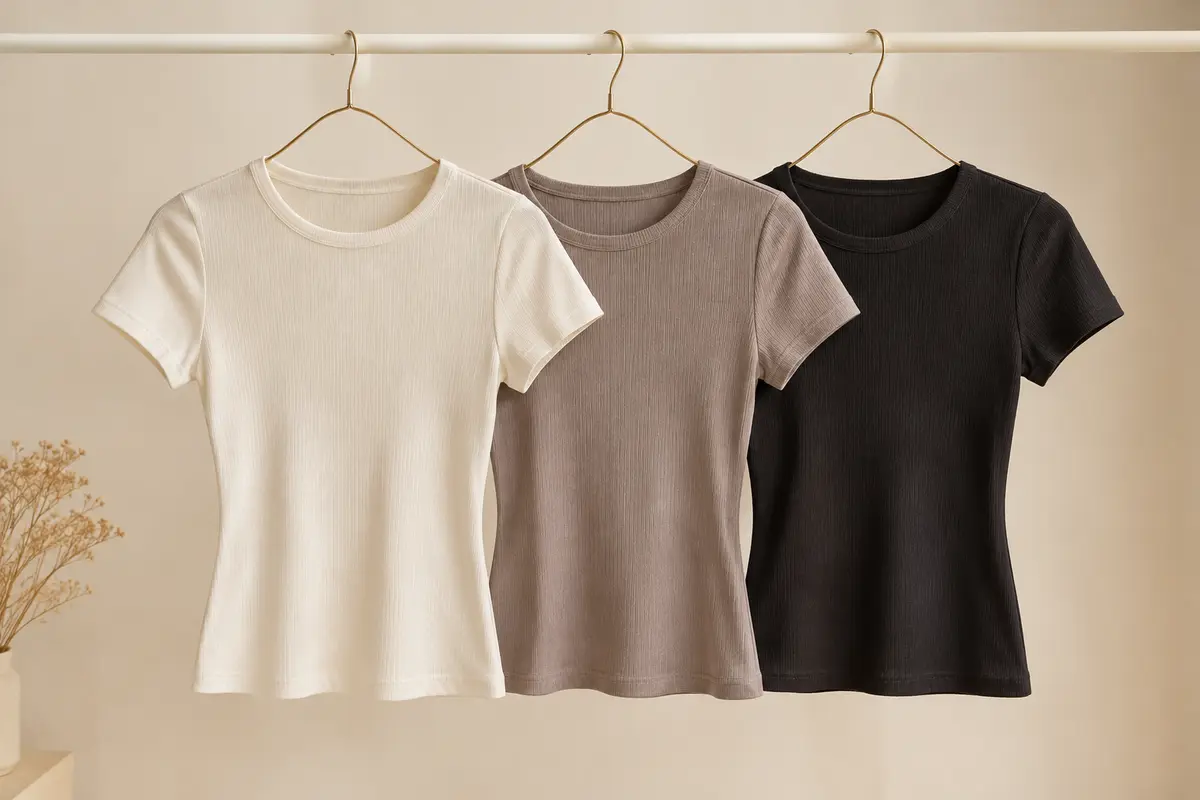 Trois t-shirts femme unis à fines côtes, col rond et manches courtes, présentés sur des cintres.