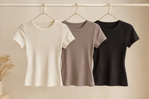 Trois t-shirts femme unis à fines côtes, col rond et manches courtes, présentés sur des cintres.