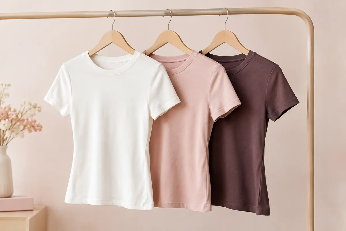 Trois T-shirts femme en coton présentés à plat, avec col ras du cou côtelé et coutures façonnées