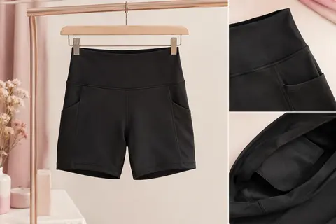 Short de sport noir taille haute avec poches latérales, présenté à plat sur un fond ivoire lumineux.
