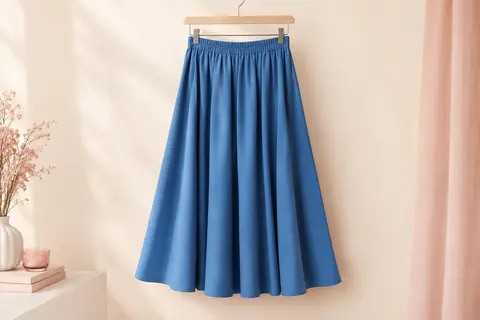 Jupe midi bleue GOLDSTITCH, plissée et évasée, présentée seule sur un cintre dans un décor ivoire.