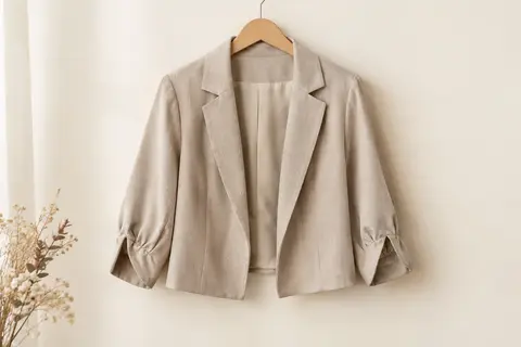 Blazer court pour femme à devant ouvert, col à revers et manches trois quarts présenté sur cintre