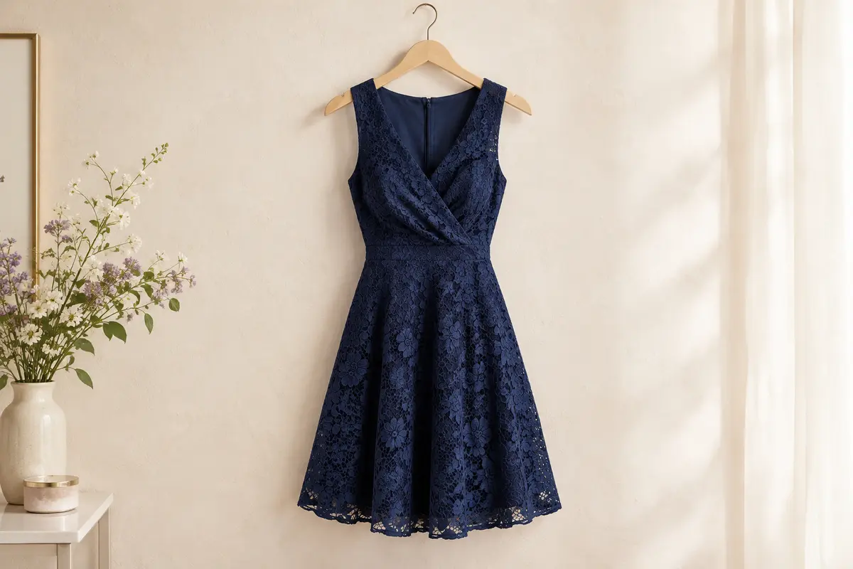Robe cocktail bleu marine en dentelle florale, col V croisé et coupe évasée présentée sur cintre
