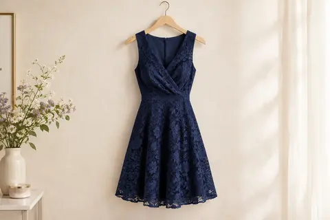 Robe cocktail bleu marine en dentelle florale, col V croisé et coupe évasée présentée sur cintre