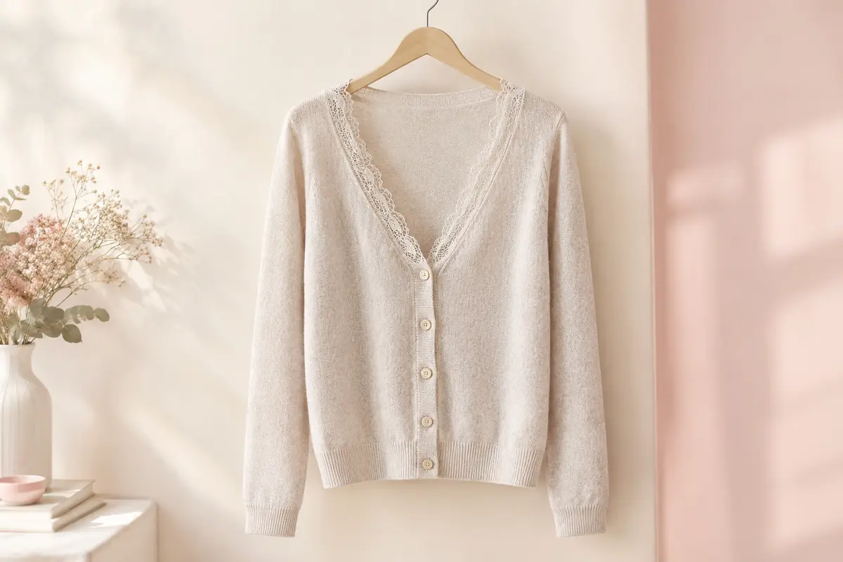Cardigan femme à manches longues avec encolure en V bordée de dentelle et fermeture boutonnée, présenté sur cintre.