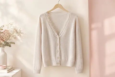 Cardigan femme à manches longues avec encolure en V bordée de dentelle et fermeture boutonnée, présenté sur cintre.