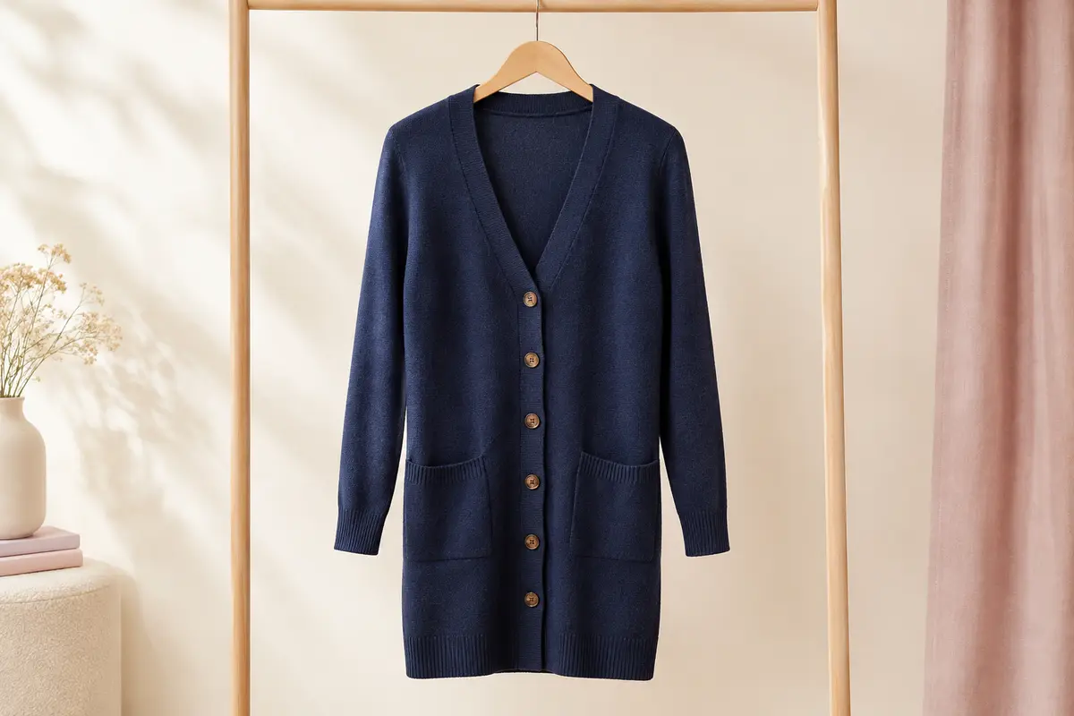 Gilet long bleu marine à manches longues, col en V, six boutons et poches, présenté sur un cintre.