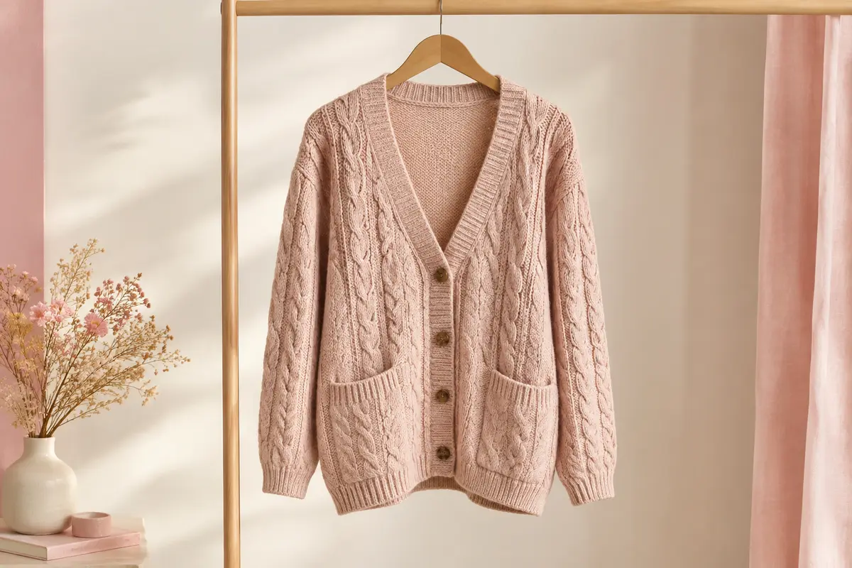 Cardigan femme en maille torsadée épaisse, boutonné devant, avec col V, manches longues et poches ouvertes.