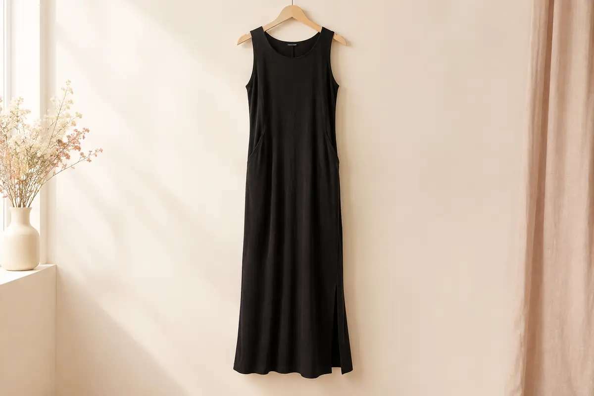 Robe longue noire sans manches à col rond, présentée seule sur un cintre devant un fond ivoire.