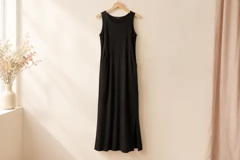 Robe longue noire sans manches à col rond, présentée seule sur un cintre devant un fond ivoire.