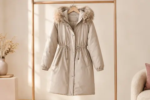 Manteau long pour femme avec capuche à garniture amovible, taille réglable et doublure en polaire