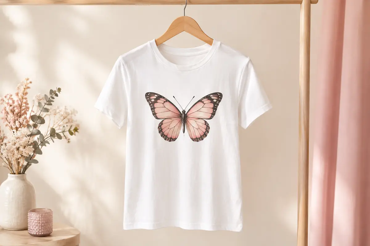T-shirt blanc pour femme à col rond et manches courtes, avec un motif papillon imprimé, suspendu sur un cintre