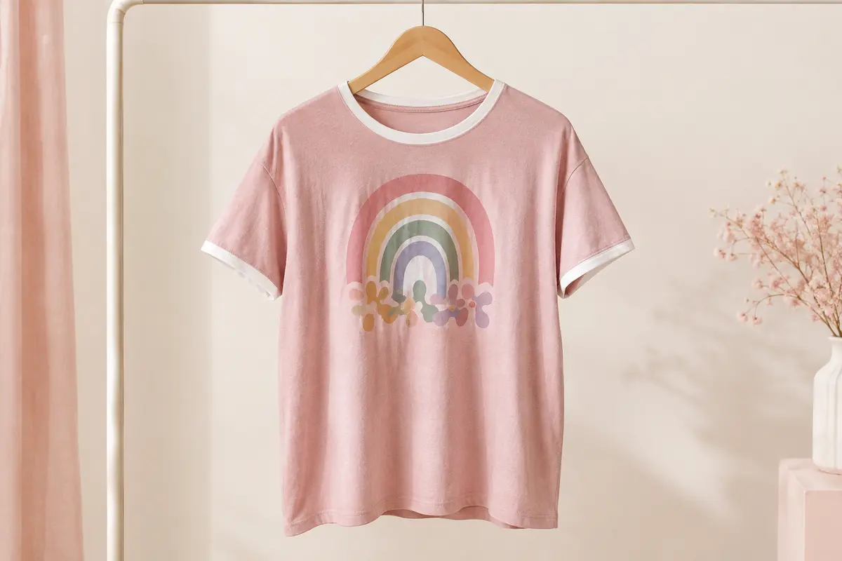 Tee-shirt femme ample à manches courtes, avec imprimé arc-en-ciel et finitions blanches au col
