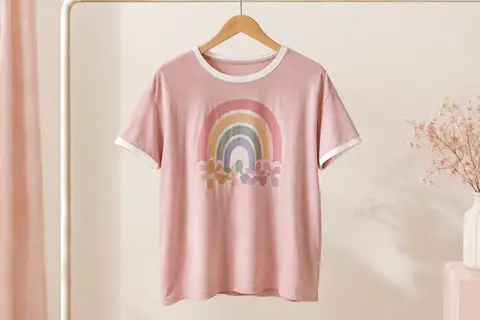 Tee-shirt femme ample à manches courtes, avec imprimé arc-en-ciel et finitions blanches au col