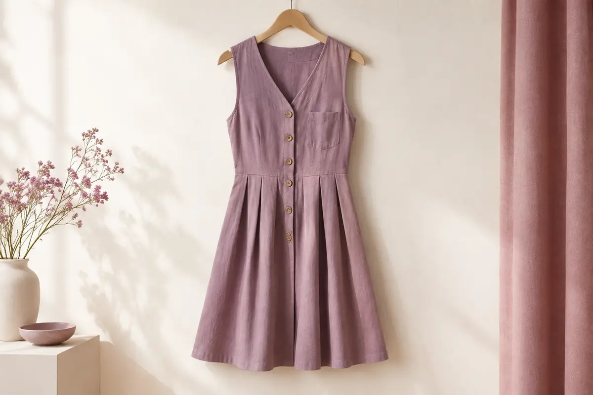 Robe unie au col V avec poche poitrine, boutons en bois et jupe plissée présentée sur un cintre.