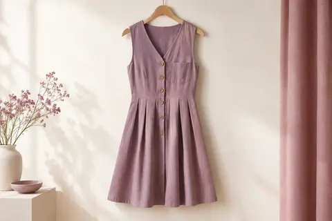 Robe unie au col V avec poche poitrine, boutons en bois et jupe plissée présentée sur un cintre.