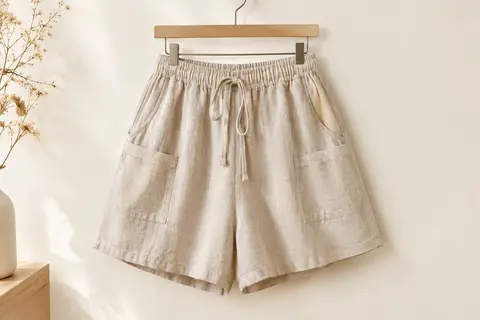 Short femme ample avec taille élastique, cordon de serrage et poches, présenté seul sur un fond clair.