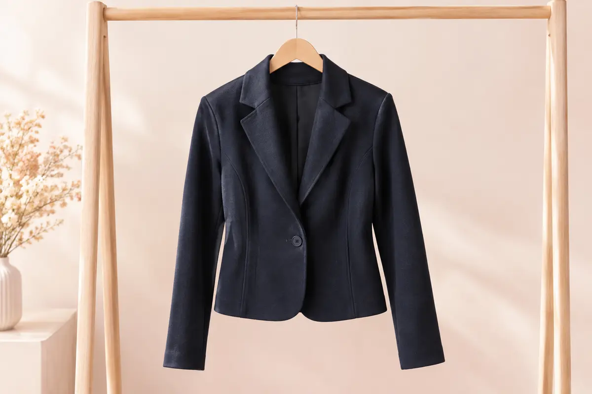 Blazer court ICHI en jersey avec coutures décoratives, présenté seul sur un cintre dans un décor clair.