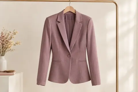 Blazer ICHI en jersey légèrement cintré, présenté seul sur un cintre dans un décor ivoire lumineux.